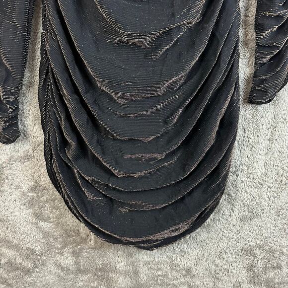 Vintage 80s Ruched Black Gold Metallic Mini Dress Long Sleeve Sheath Size 7 8 - Picture 7 of 12